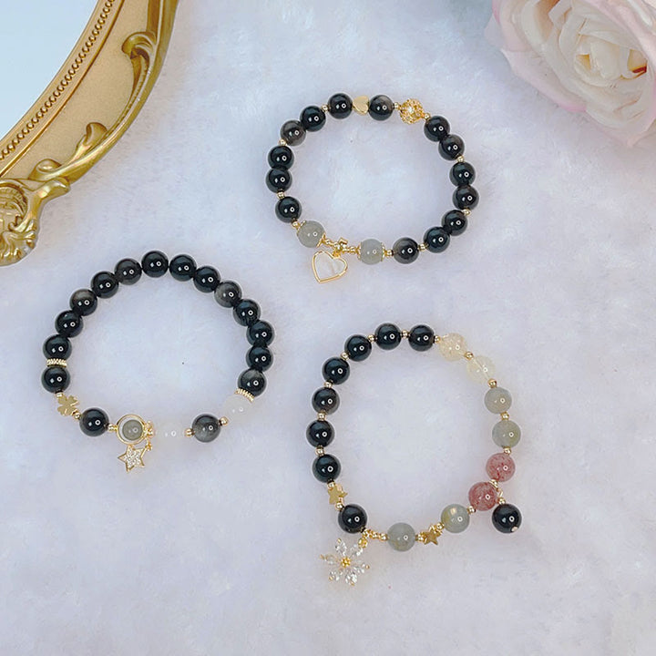 Bracelet de protection en obsidienne naturelle argentée avec Buddha Stones , cœur, étoile, fleur