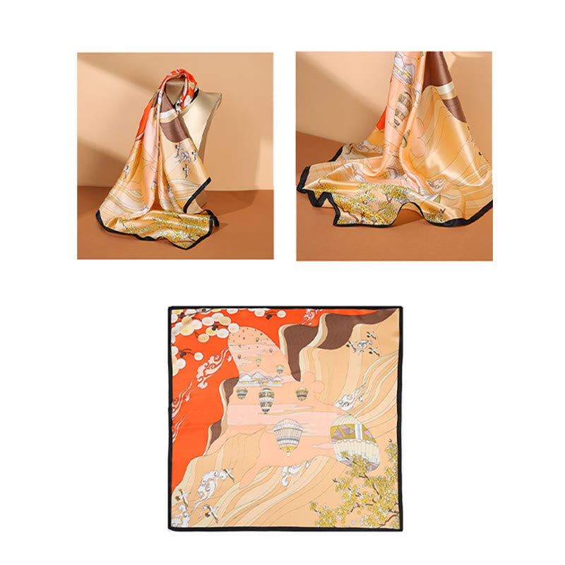 Foulard pour cheveux en soie de mûrier 100 % Buddha Stones et scène pastorale en montgolfière