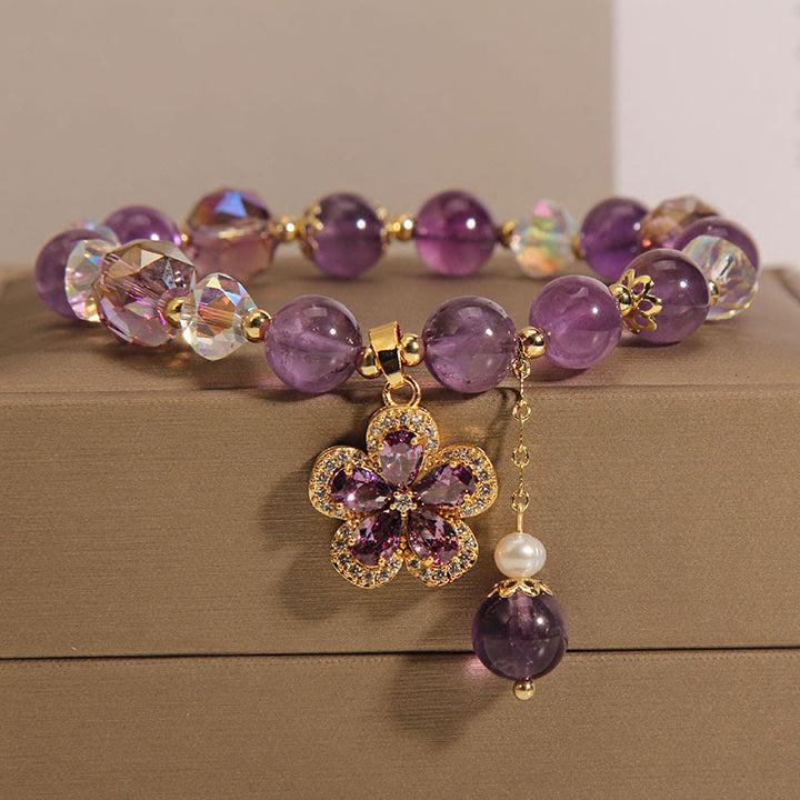 Bracelet de transformation positive avec breloque en forme de fleur et perle d'améthyste naturelle
