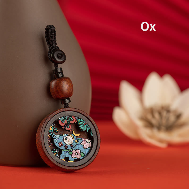 Porte-clés sculpté à la main en bois de rose avec Buddha Stones Année du Dragon Zodiaque chinois peint à la main