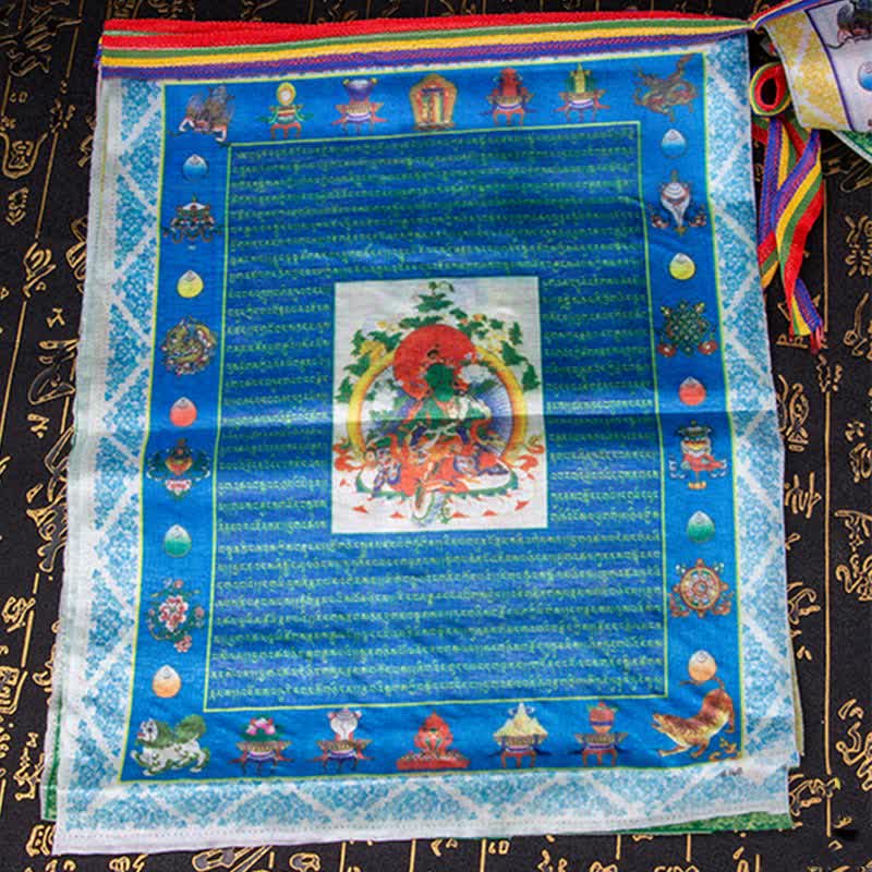 Buddha Stones Drapeau de prière extérieur tibétain à cinq couleurs représentant le Bouddha du Cheval de Vent et Tara, symbole de guérison et de bon augure - image 17