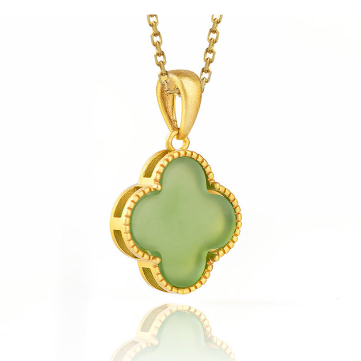 Collier pendentif trèfle à quatre feuilles en jade naturel Hetian en argent sterling 925 Buddha Stones