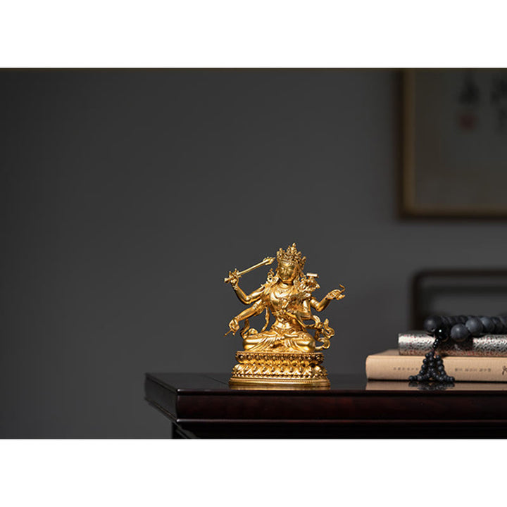 Figurine en or du Bodhisattva Manjusri à quatre bras, statue en cuivre de la compassion et de la sérénité, décoration de la maison