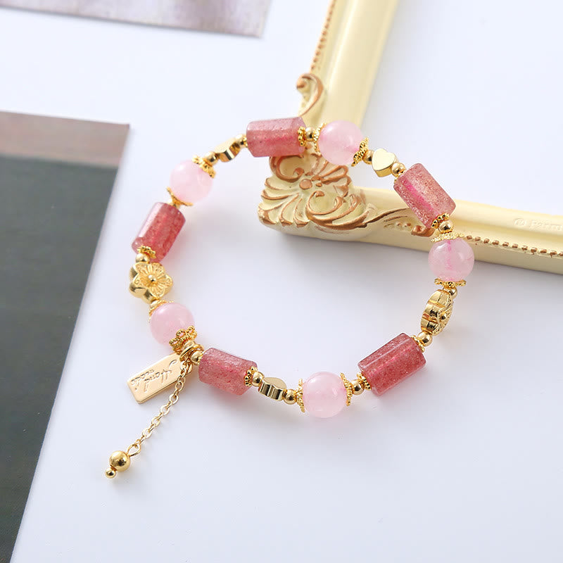 Bracelet positif en cristal rose avec quartz fraise et Buddha Stones, cœur et fleur