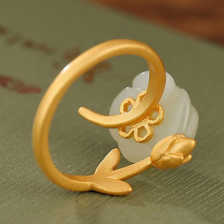 Buddha Stones 925 Argent Sterling Plaqué Or Fleur de Rose Hetian Jade Blanc Bague du Bonheur