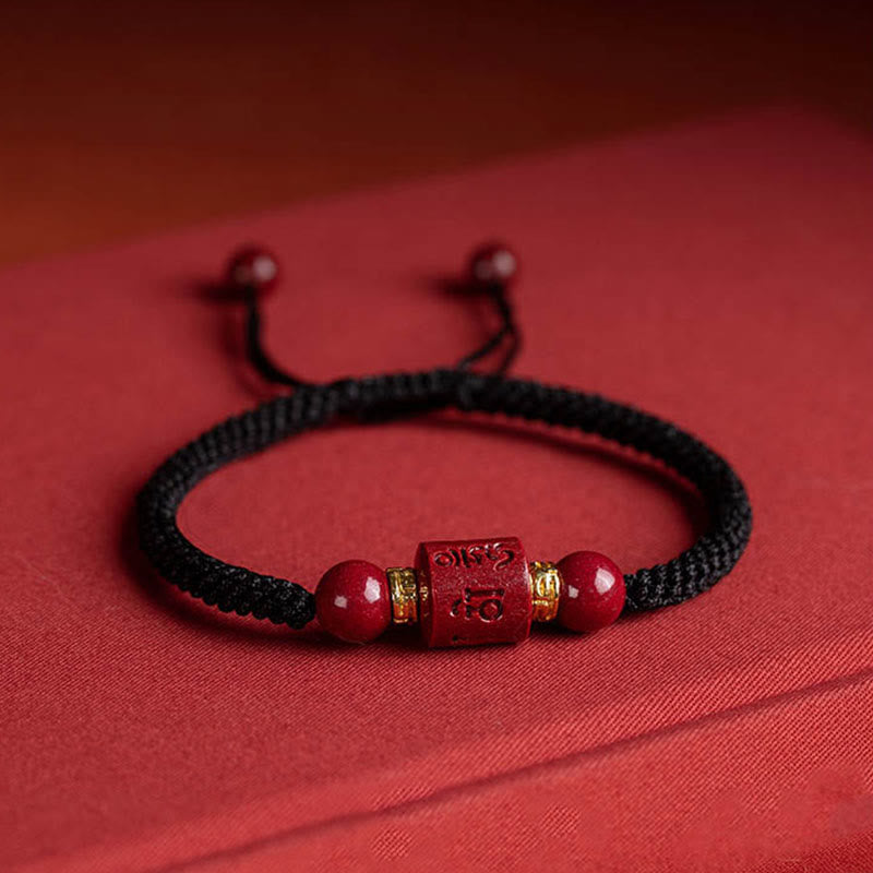 Bracelet tressé avec Buddha Stones tibétaines en cinabre Om Mani Padme Hum gravé et bénédiction