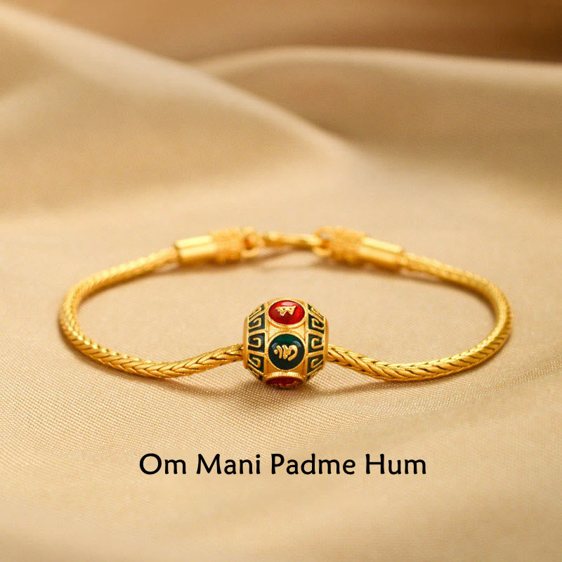 Bracelet tibétain en or 18 carats avec Buddha Stones , Om Mani Padme Hum, porte-bonheur, poisson Koi, personnage Fu, lingot de cuivre, pièce de paix - Om Mani Padme Hum - image 0