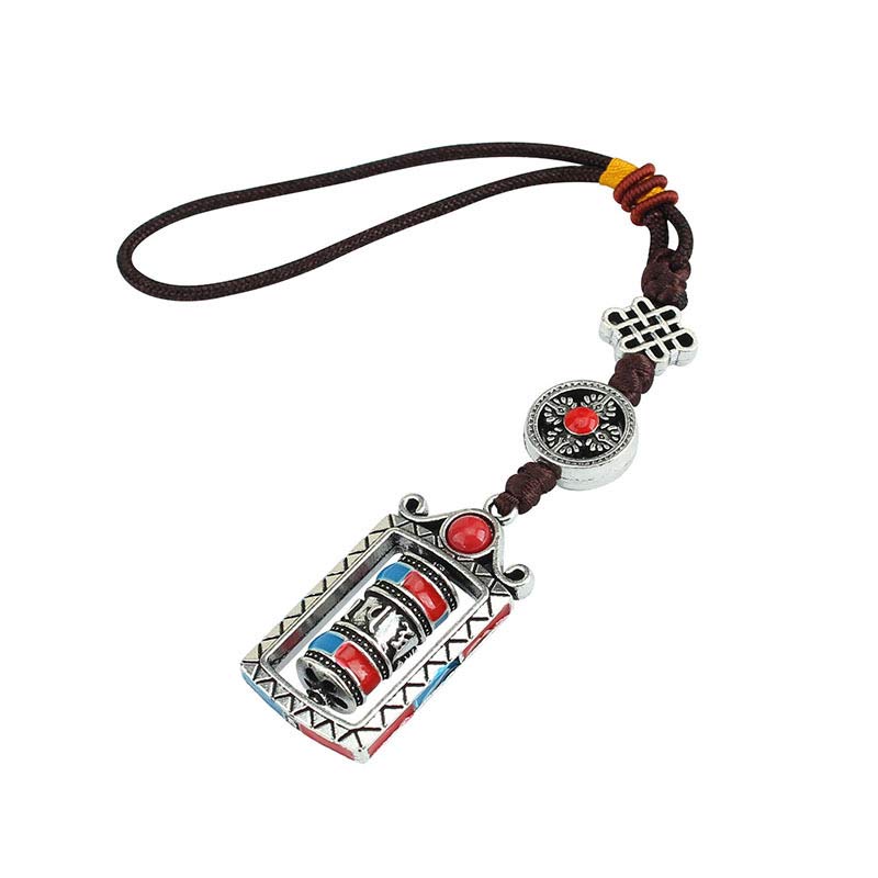 Porte-clés décoratif avec nœud rotatif et bénédiction en forme de roue de prière en six mots vrais en Buddha Stones