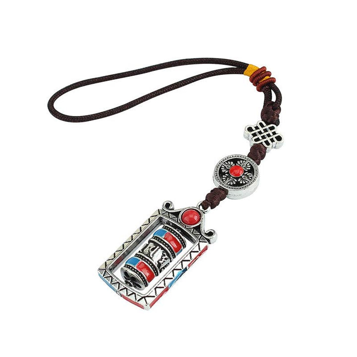 Porte-clés décoratif avec nœud rotatif et bénédiction en forme de roue de prière en six mots vrais en Buddha Stones