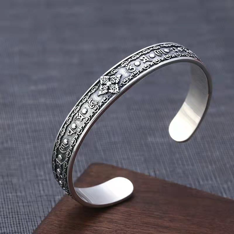 Bracelet manchette de sagesse gravé en argent sterling 925 Buddha Stones Om Mani Padme Hum Double Dorje