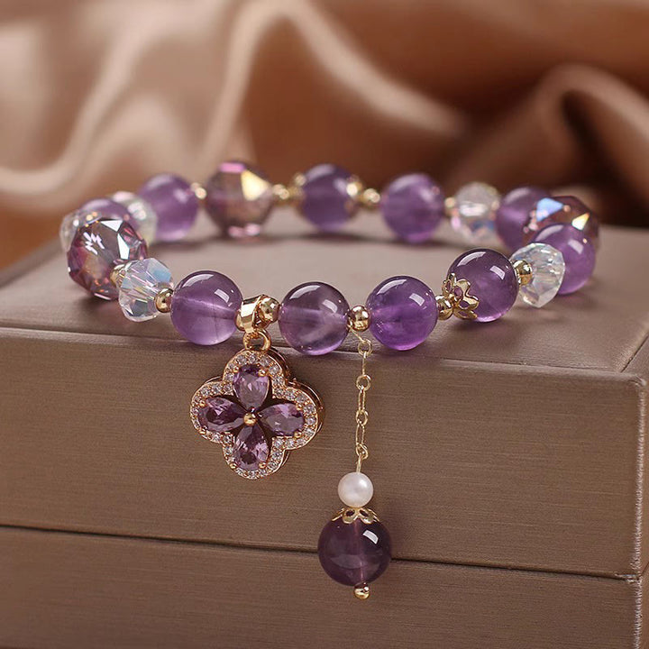 Bracelet de guérison spirituelle en cristal d'améthyste naturelle et trèfle à quatre feuilles de Buddha Stones