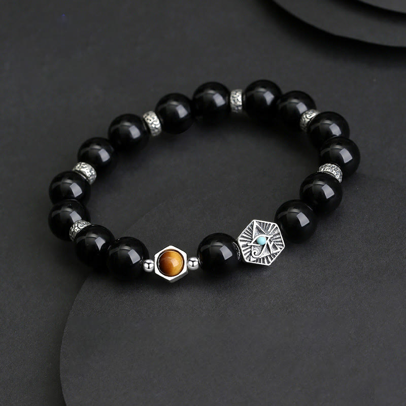 Bracelet de purification en argent sterling 925 avec Buddha Stones noire et œil de tigre de la Providence