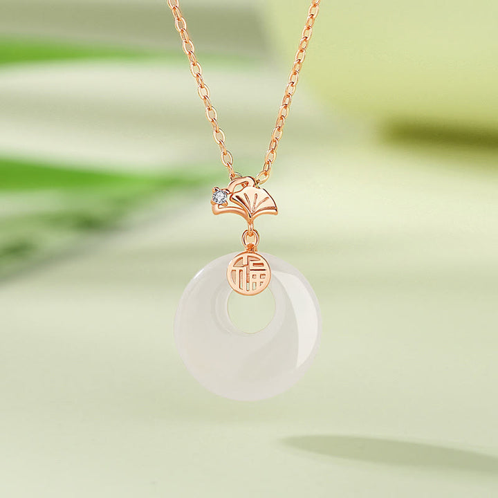 Buddha Stones en argent sterling 925 avec pendentif en forme de feuille de ginkgo, papillon, calcédoine rose, jade Hetian, boucle de paix, caractère Fu, harmonie