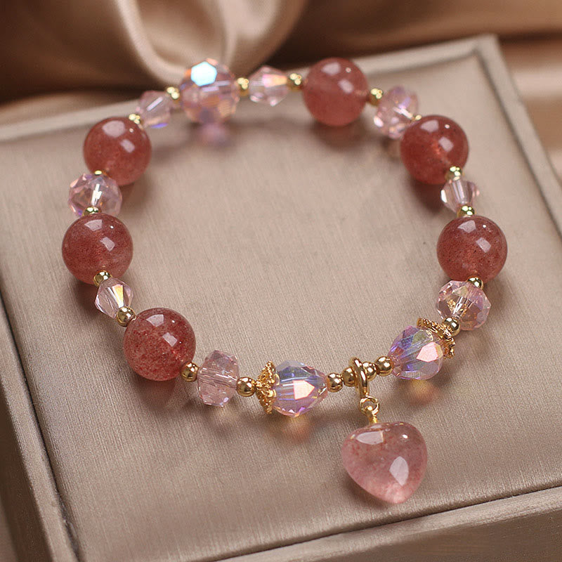 Bracelet de guérison positif en cristal de quartz fraise naturel Buddha Stones Love Heart