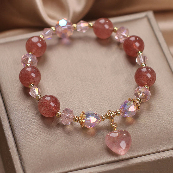 Bracelet de guérison positif en cristal de quartz fraise naturel Buddha Stones Love Heart