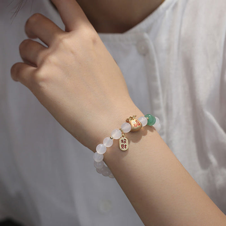 Buddha Stones Agate blanche naturelle Agate rouge Sac d'argent Caractère Fu Trèfle à quatre feuilles Bracelet de protection