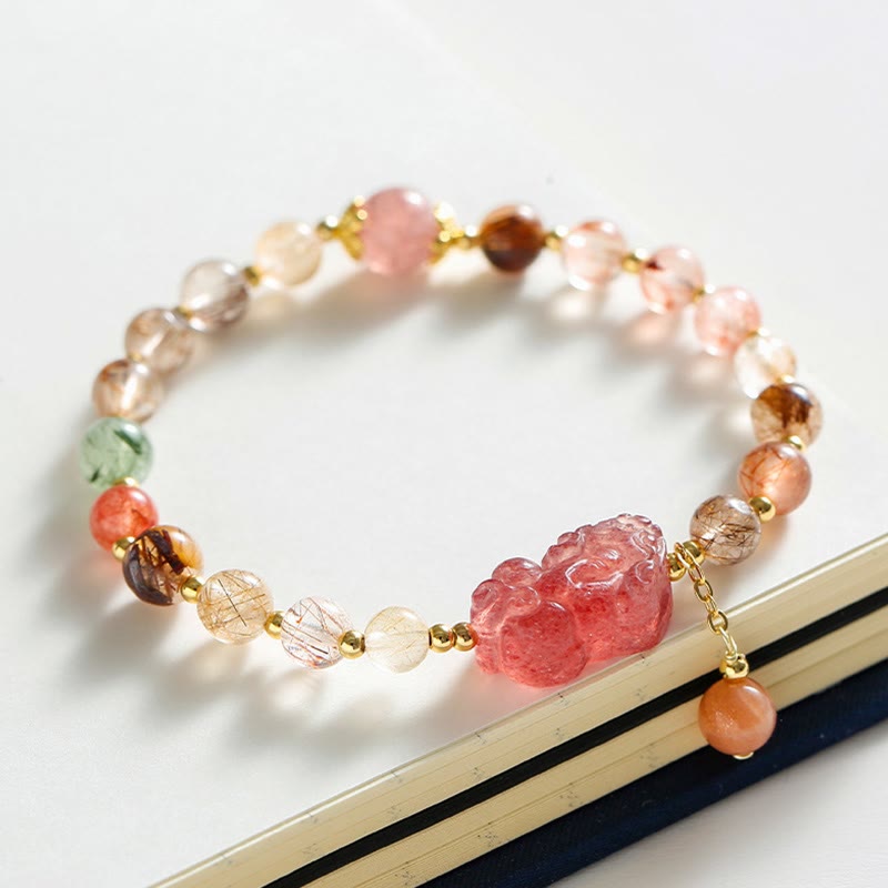 Bracelet de richesse PiXiu en quartz rutile naturel et quartz fraise Buddha Stones
