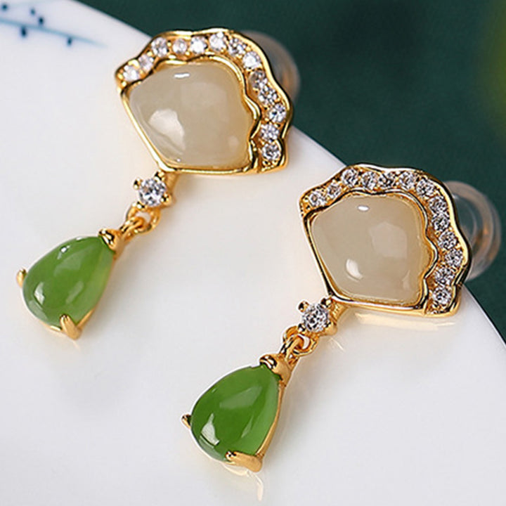 Boucles d'oreilles pendantes porte-bonheur en forme d'éventail en jade blanc et jade cyan Buddha Stones