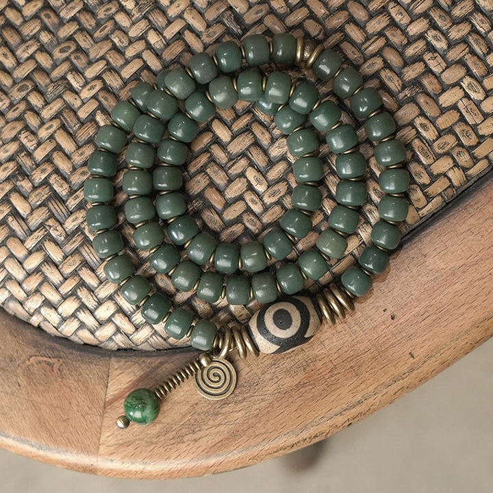 Bracelet triple tour en perles de Bodhi Dzi cyan avec perles de sagesse et de paix