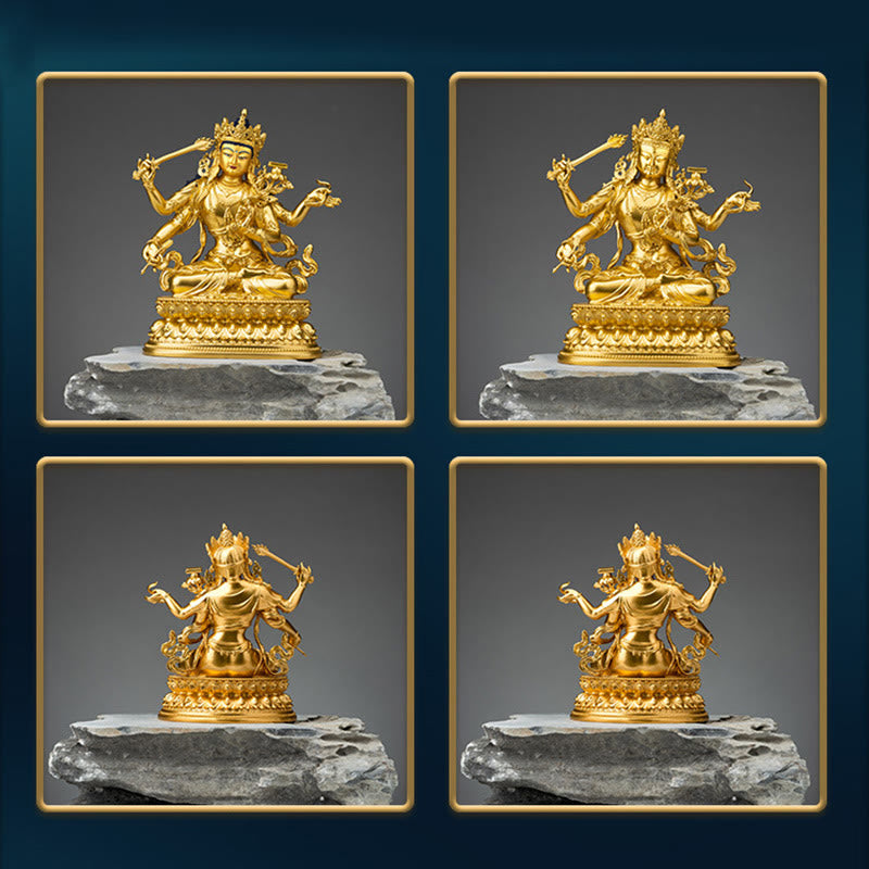 Figurine en or du Bodhisattva Manjusri à quatre bras, statue en cuivre de la compassion et de la sérénité, décoration de la maison