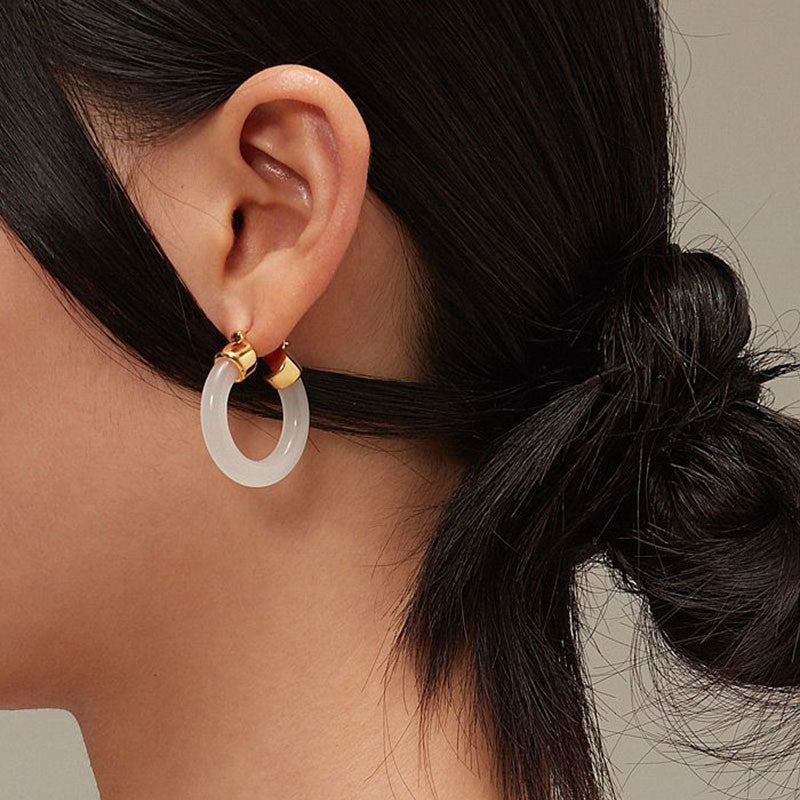 Boucles d'oreilles de prospérité en jade blanc et pierres de Buddha Stones