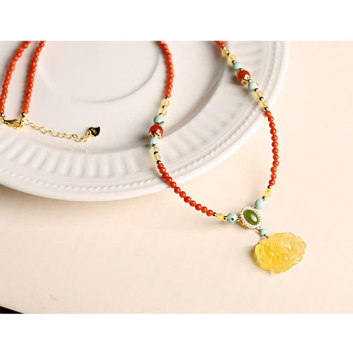 Collier pendentif en argent sterling 925 avec agate rouge naturelle et pivoine