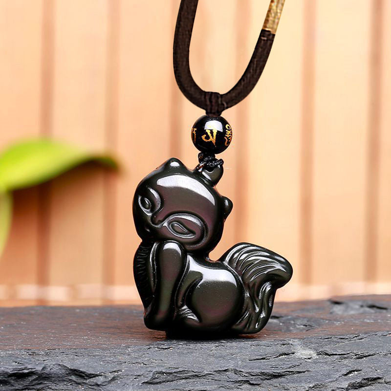 Collier pendentif positif en obsidienne arc-en-ciel naturelle Buddha Stones et obsidienne dorée brillante à neuf queues - Petit renard en obsidienne arc-en-ciel - image 12