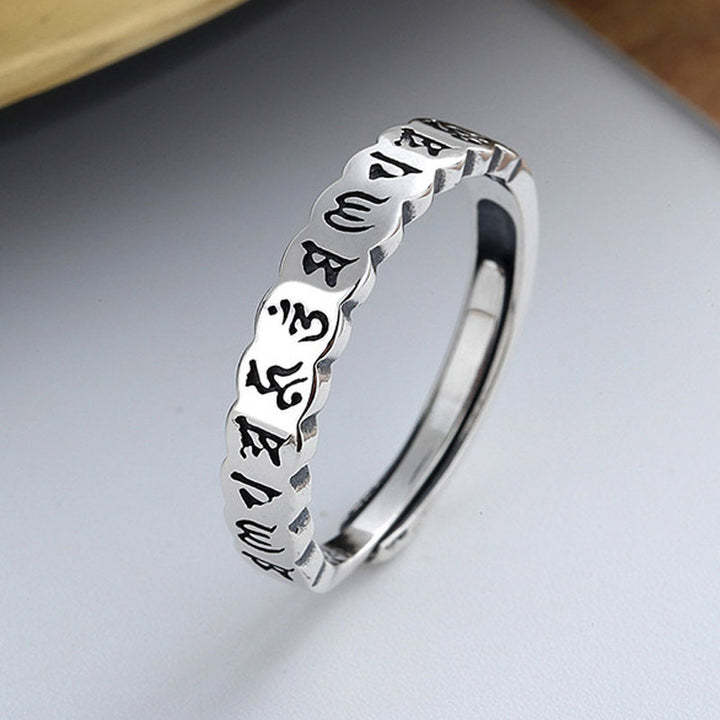 Bague de sagesse calme en argent sterling 925 avec six mots vrais de Buddha Stones