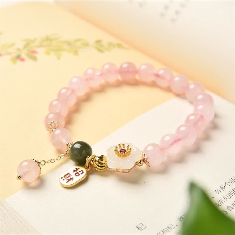 Bracelet d'amour chaleureux en cristal rose naturel avec fleur de jade et Buddha Stones