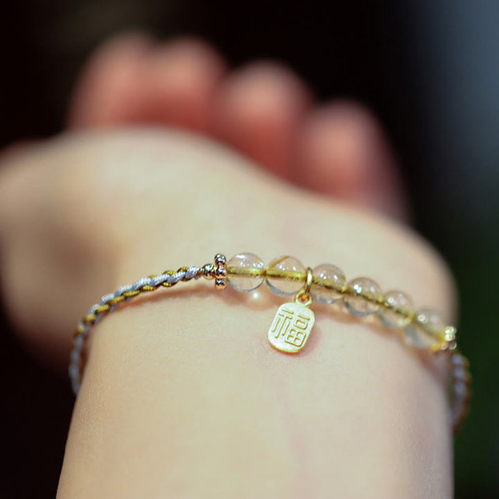 Bracelet tressé porte-bonheur en argent sterling 925 avec gourde de jade naturelle et quartz rutile Fu