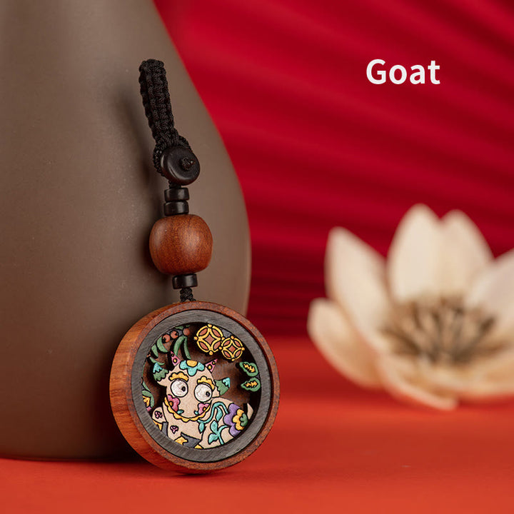 Porte-clés sculpté à la main en bois de rose avec Buddha Stones Année du Dragon Zodiaque chinois peint à la main