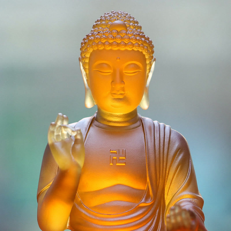 Buddha Stones faites à la main Sakyamuni Bouddha Liuli Pièce d'art en cristal Statue de compassion Décoration d'offrande de bureau à domicile