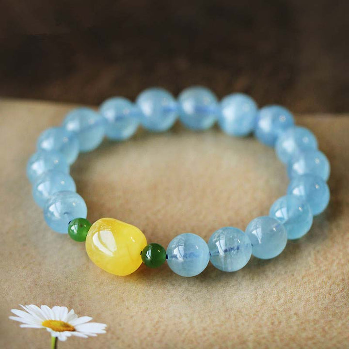 Bracelet de guérison et de sérénité en perles d'ambre et d'aigue-marine naturelles