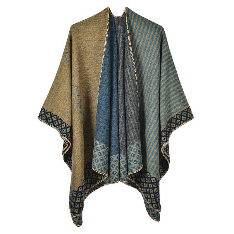 Châle tibétain à rayures et motifs de diamants avec Buddha Stones , écharpe douce et chaude pour l'hiver - Jaune Bleu - image 25