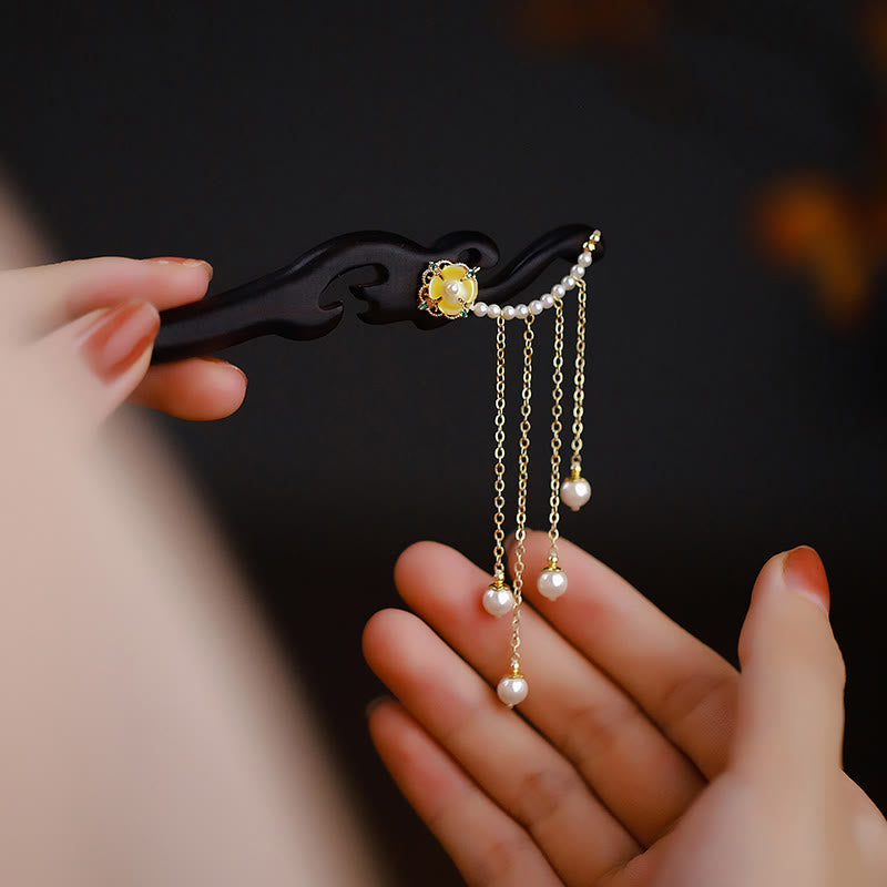 Épingle à cheveux en bois d'ébène avec Buddha Stones et fleurs jaunes et perles
