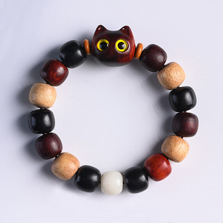 Bracelet de protection gravé en bois de santal rouge et ébène avec petites feuilles de Buddha Stones et chat mignon - Santal rouge à petites feuilles (Éloigne les mauvais esprits ♥ Protection) - image 12