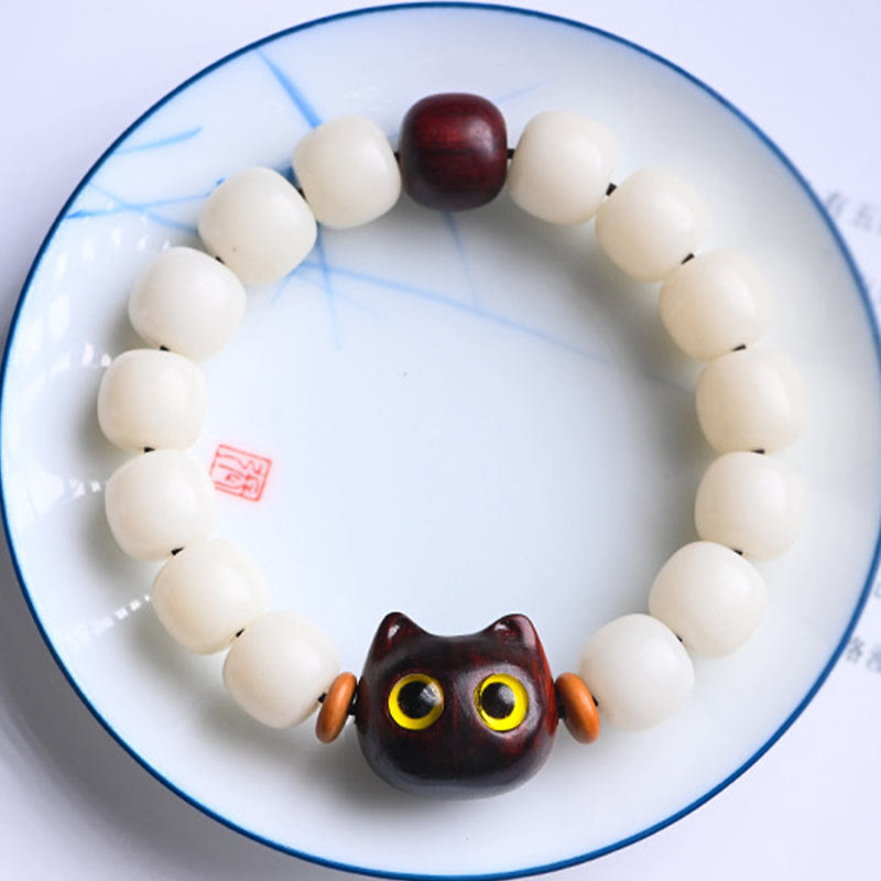 Bracelet de sagesse en Buddha Stones, graine de Bodhi naturelle, petite feuille, bois de santal rouge, bois d'ébène, joli chat porte-bonheur - image 3