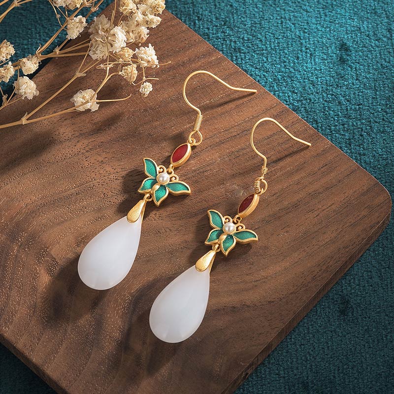 Boucles d'oreilles pendantes porte-bonheur en jade blanc Feng Shui Buddha Stones
