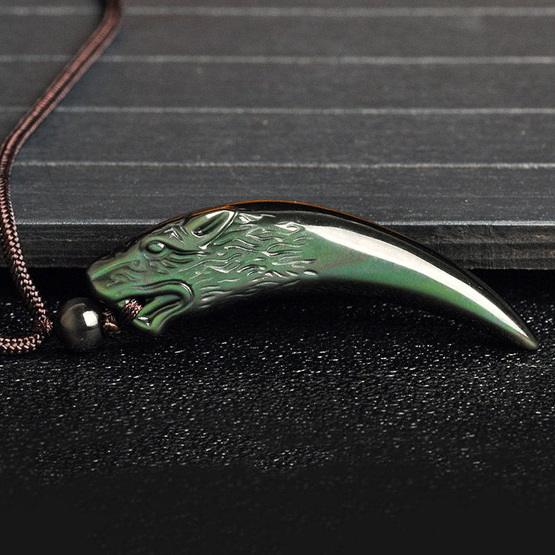 Buddha Stones Obsidienne noire naturelle Obsidienne de glace Obsidienne arc-en-ciel Motif dent de loup Collier force Pendentif