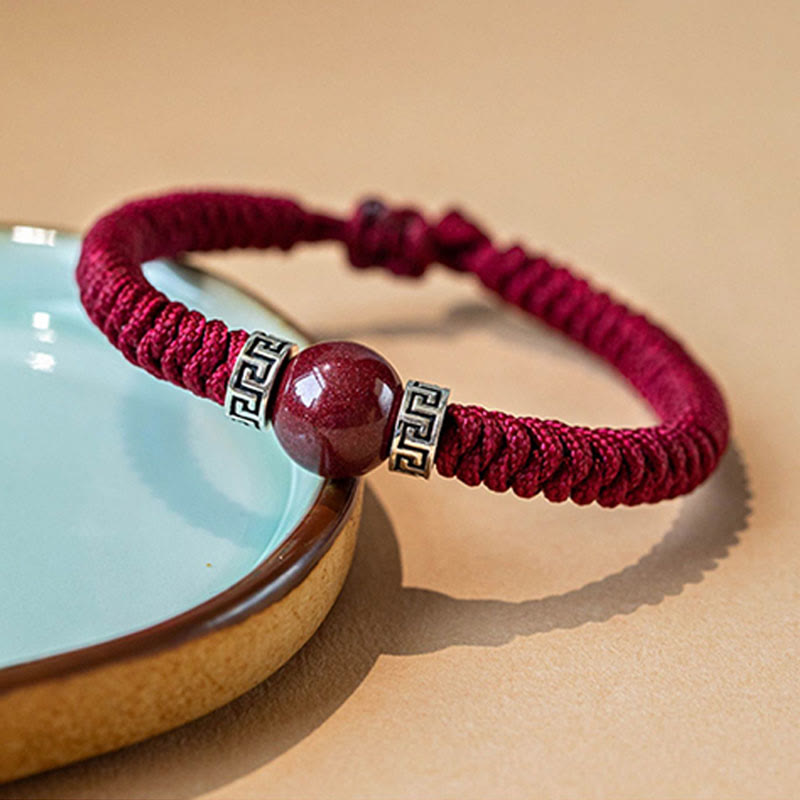 Bracelet en argent sterling 925 avec perles de cinabre naturelles et Buddha Stones, fait à la main, tressé et calme