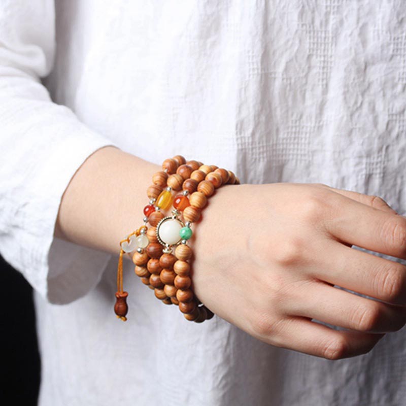 Collier et bracelet de guérison Mala en bois de rose tibétain avec Buddha Stones