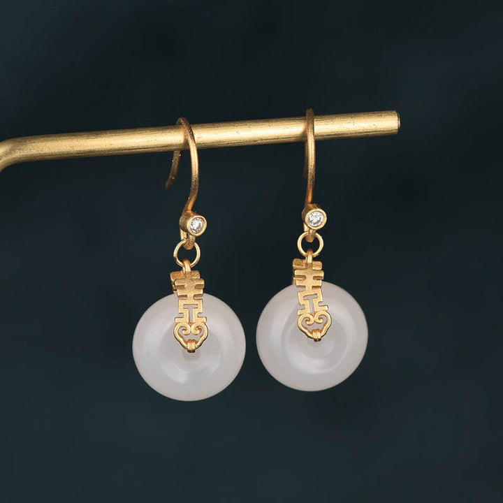 Boucles d'oreilles Buddha Stones Jade Blanc Double Happiness Fortune