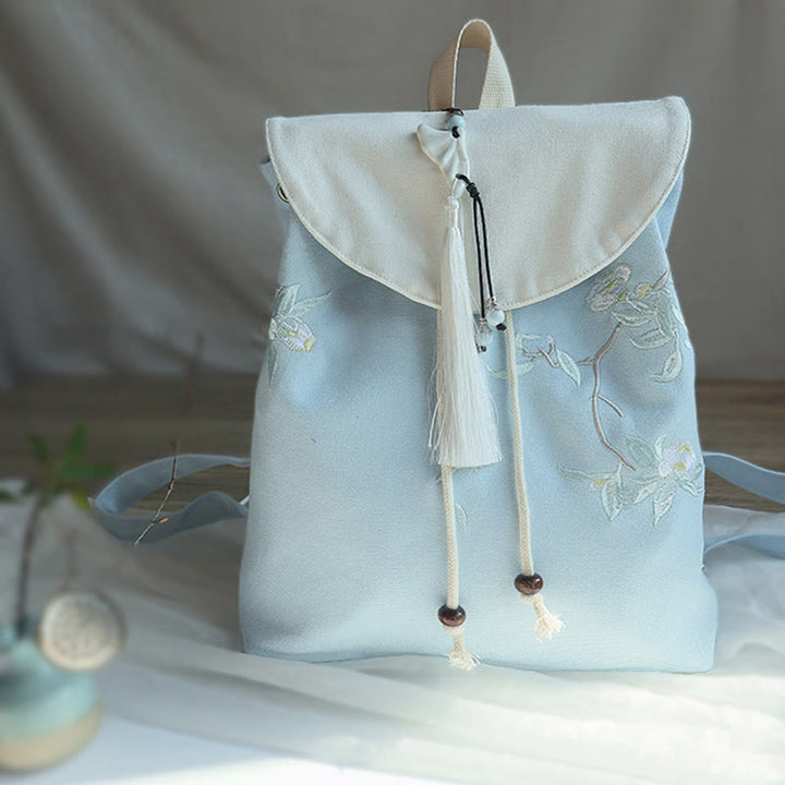 Sac à dos en toile de grande capacité brodé à la main avec Buddha Stones - Fleur de thé blanc - image 26