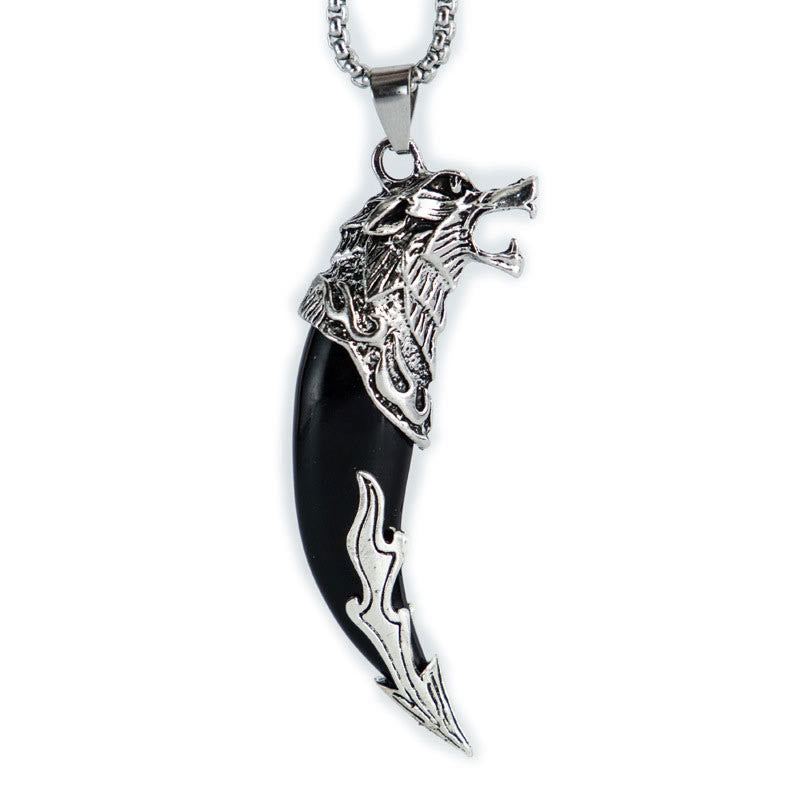 Collier pendentif d'équilibre en acier titane imitation dent de loup en Buddha Stones