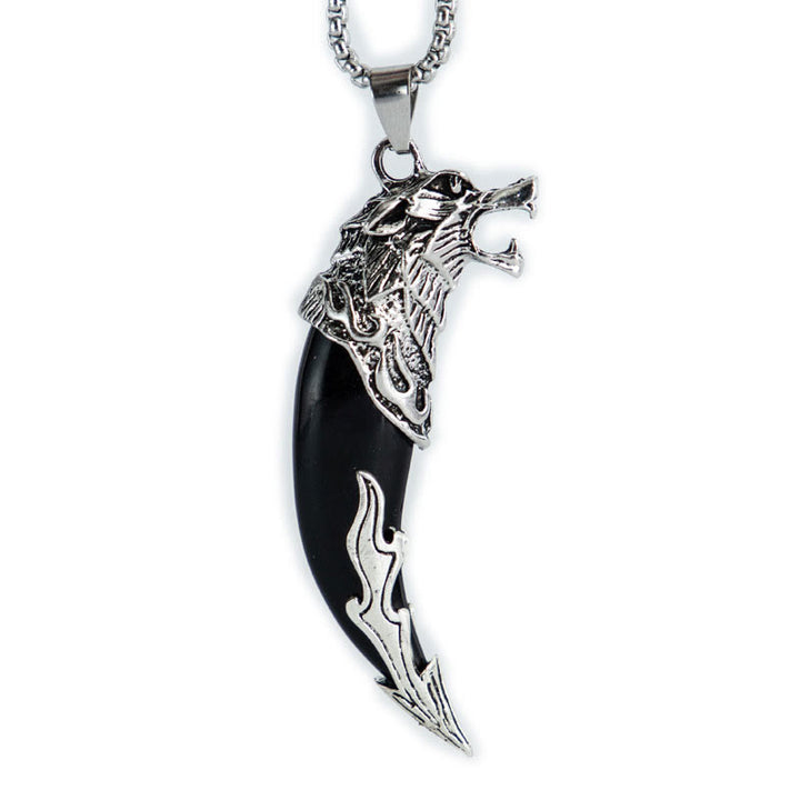 Collier pendentif d'équilibre en acier titane imitation dent de loup en Buddha Stones