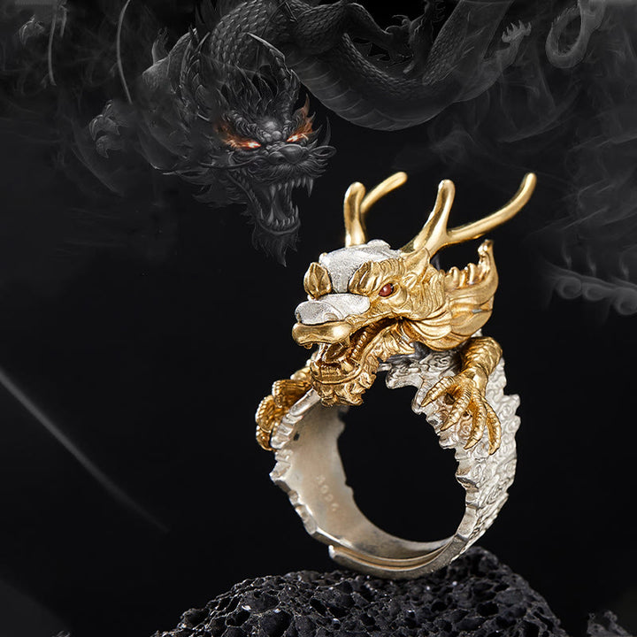 Pendentif bague réglable en argent sterling 925 Buddha Stones et dragon porte-bonheur et protection