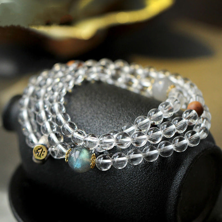 Bracelet triple tour de méditation en cristal blanc avec Bouddha du zodiaque chinois en argent sterling 925 et Buddha Stones