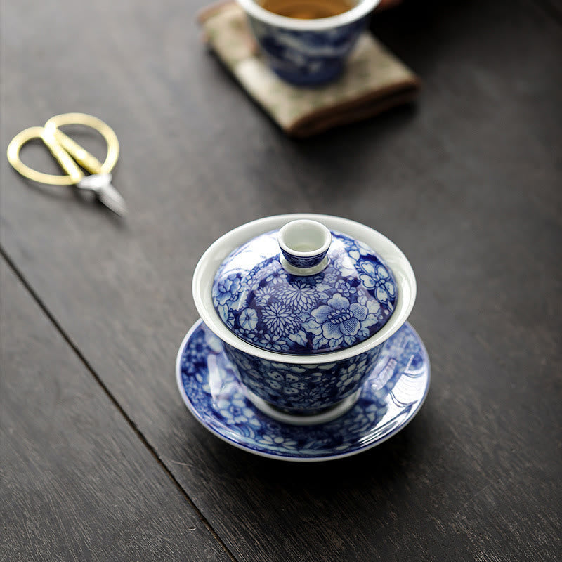 Tasse à thé et soucoupe en porcelaine bleue et blanche vintage en céramique Gaiwan Sancai Kung Fu avec couvercle