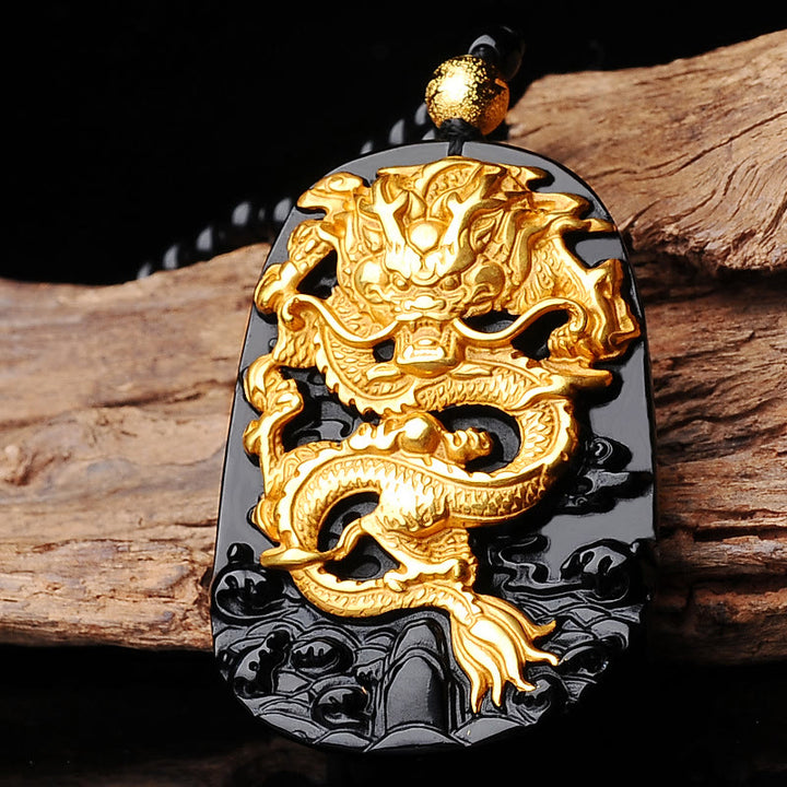 Collier pendentif porte-bonheur en obsidienne de dragon plaqué or 18 carats de Buddha Stones - Obsidienne - image 3