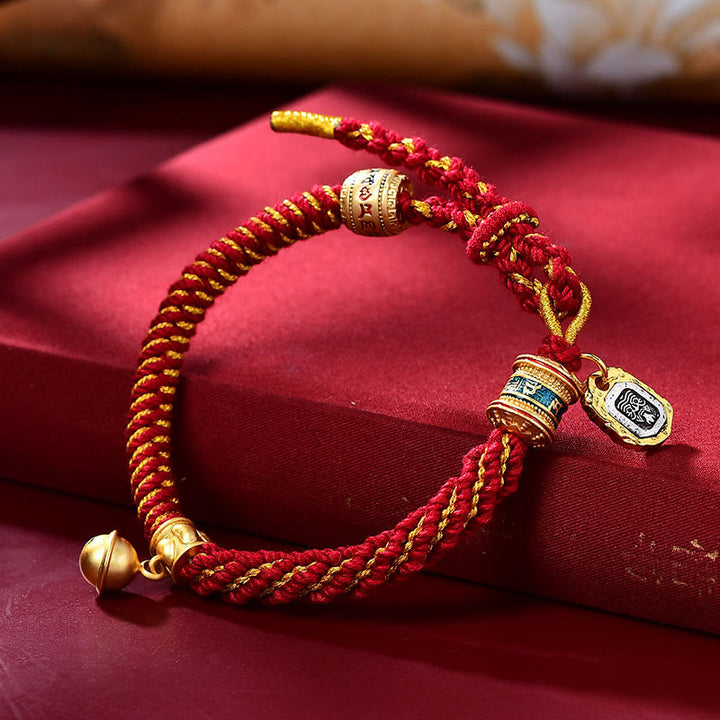 Bracelet amulette tibétain en Buddha Stones sculptées Om Mani Padme Hum déesse de la richesse Zakiram - Or rouge (Tour de poignet 14-20 cm) - image 4